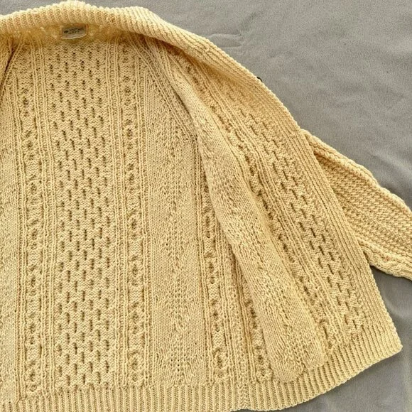 Vintage Irish Wool Sweater Hand Knit Cardigan Collar Ivory Chunky Fisherman READ - Picture 12 of 16